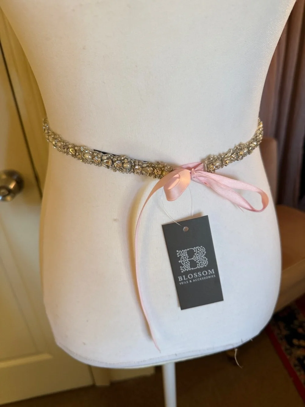 Blossom Veils & Accessories  Classic Skinny Sash Belt Pearl and Rhinestone